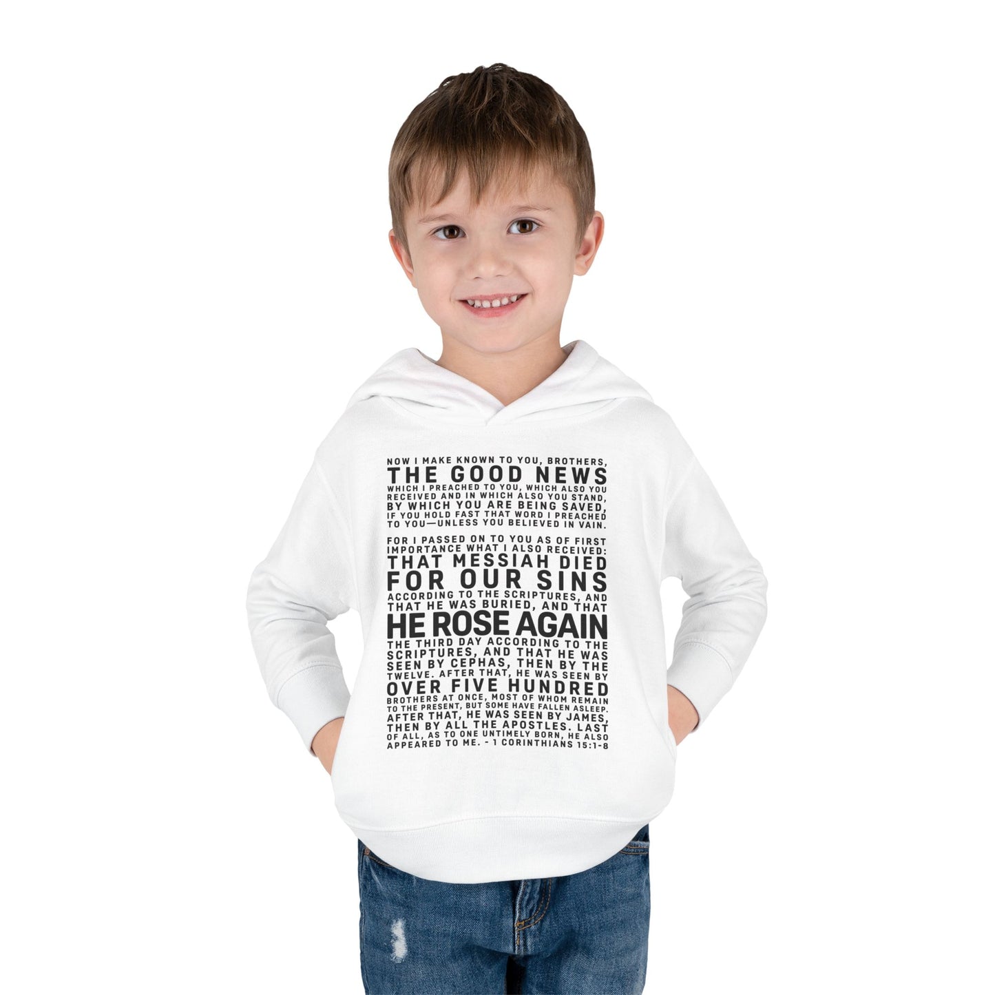 The Gospel - Toddler Pullover Hoodie - Front Text, Dark Lettered Edition - (13 Colors)