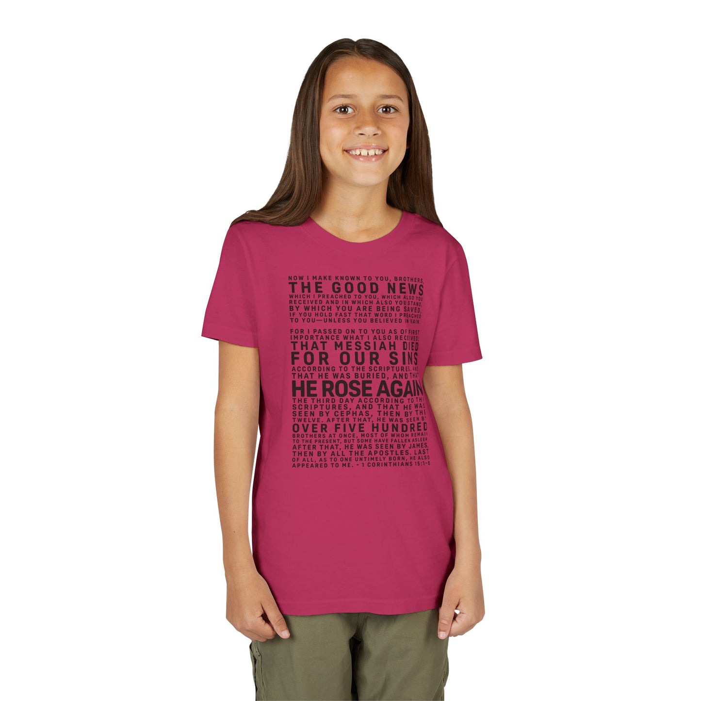 The Gospel - Youth Short Sleeve Tee - Front Text, Dark-Lettered Edition - (17 Colors)