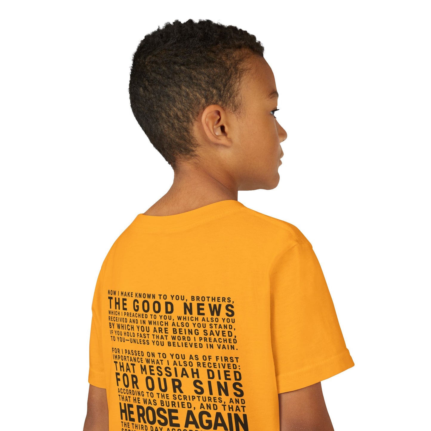 The Gospel - Youth Short Sleeve Tee - Back Text, Dark-Lettered Edition - (17 Colors)