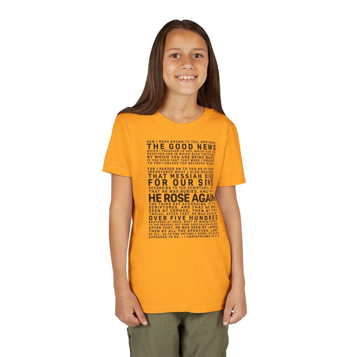 The Gospel - Youth Short Sleeve Tee - Front Text, Dark-Lettered Edition - (17 Colors)