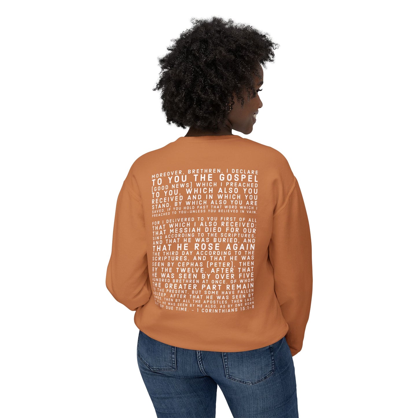 'I declare to you the gospel' - Back Text, Light Lettered Edition - (10 Color Options) - Adult Unisex Lightweight Crewneck Sweatshirt