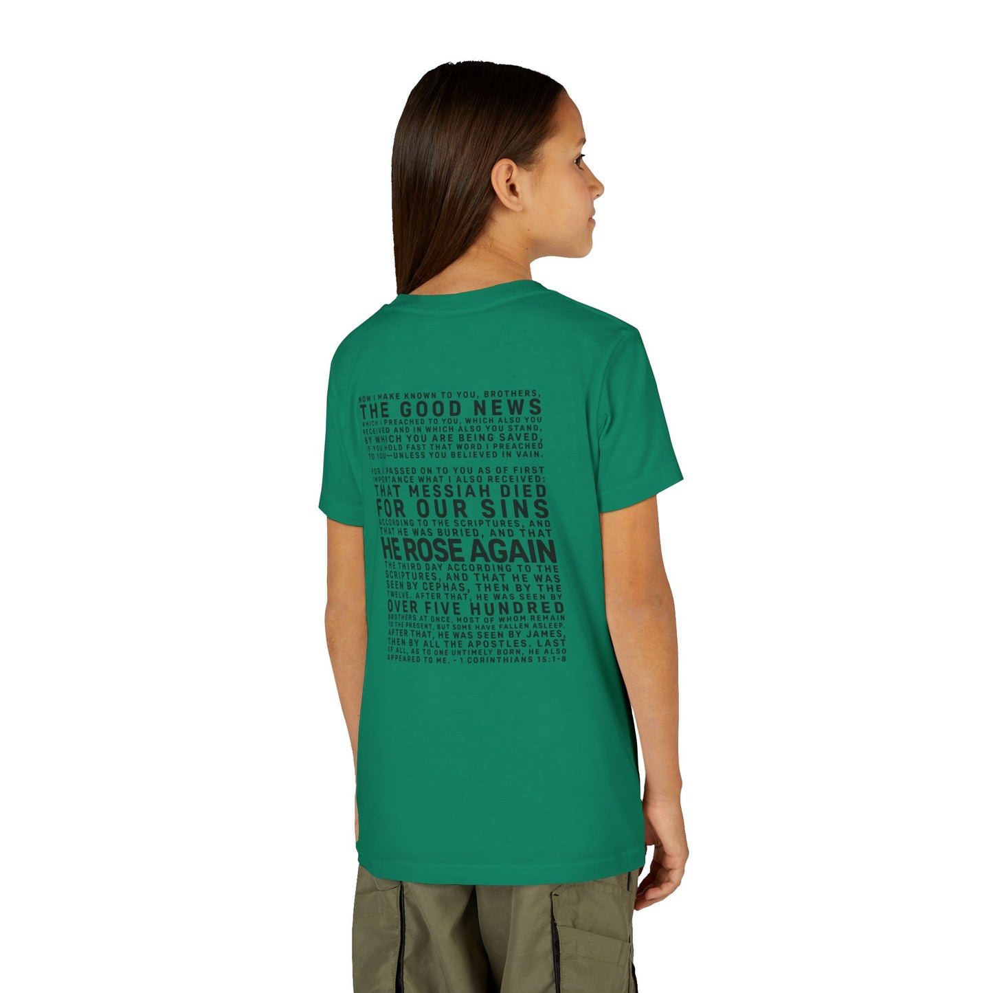 The Gospel - Youth Short Sleeve Tee - Back Text, Dark-Lettered Edition - (17 Colors)
