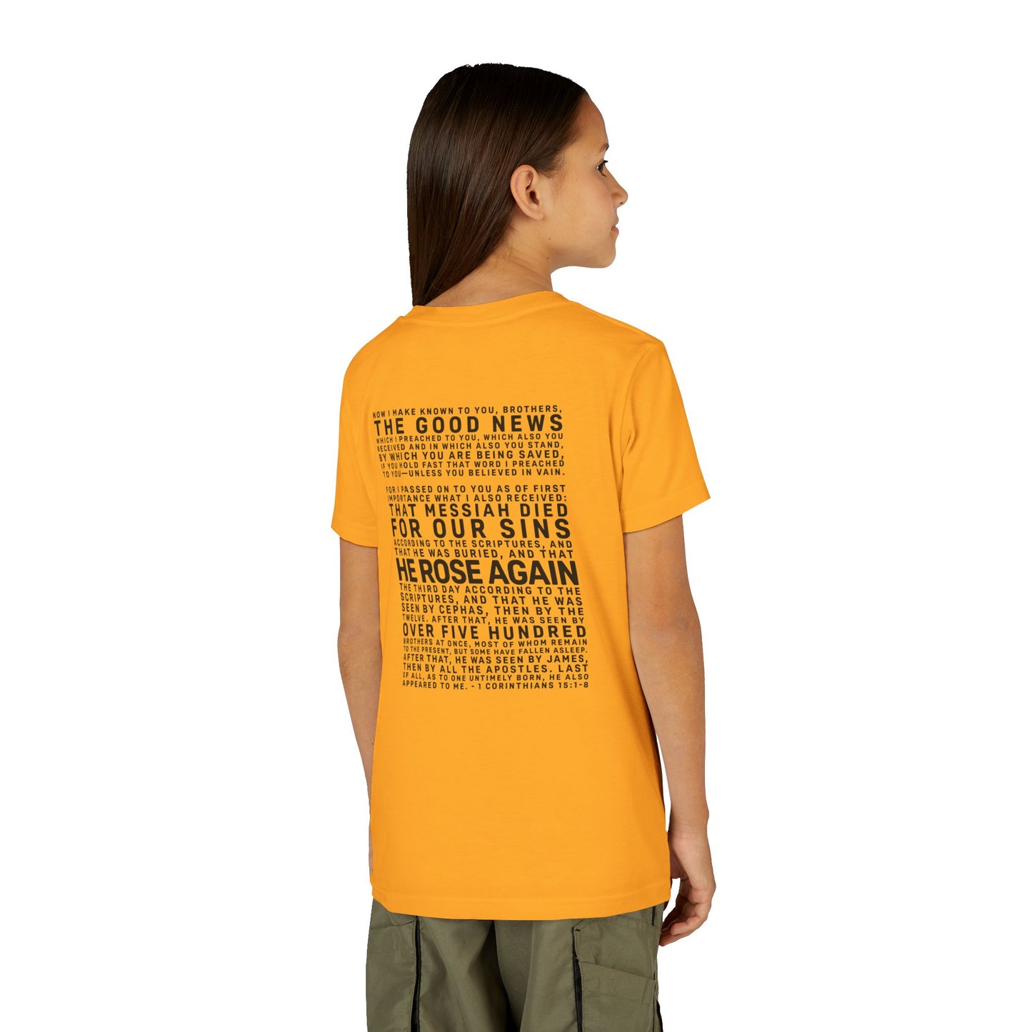 The Gospel - Youth Short Sleeve Tee - Back Text, Dark-Lettered Edition - (17 Colors)