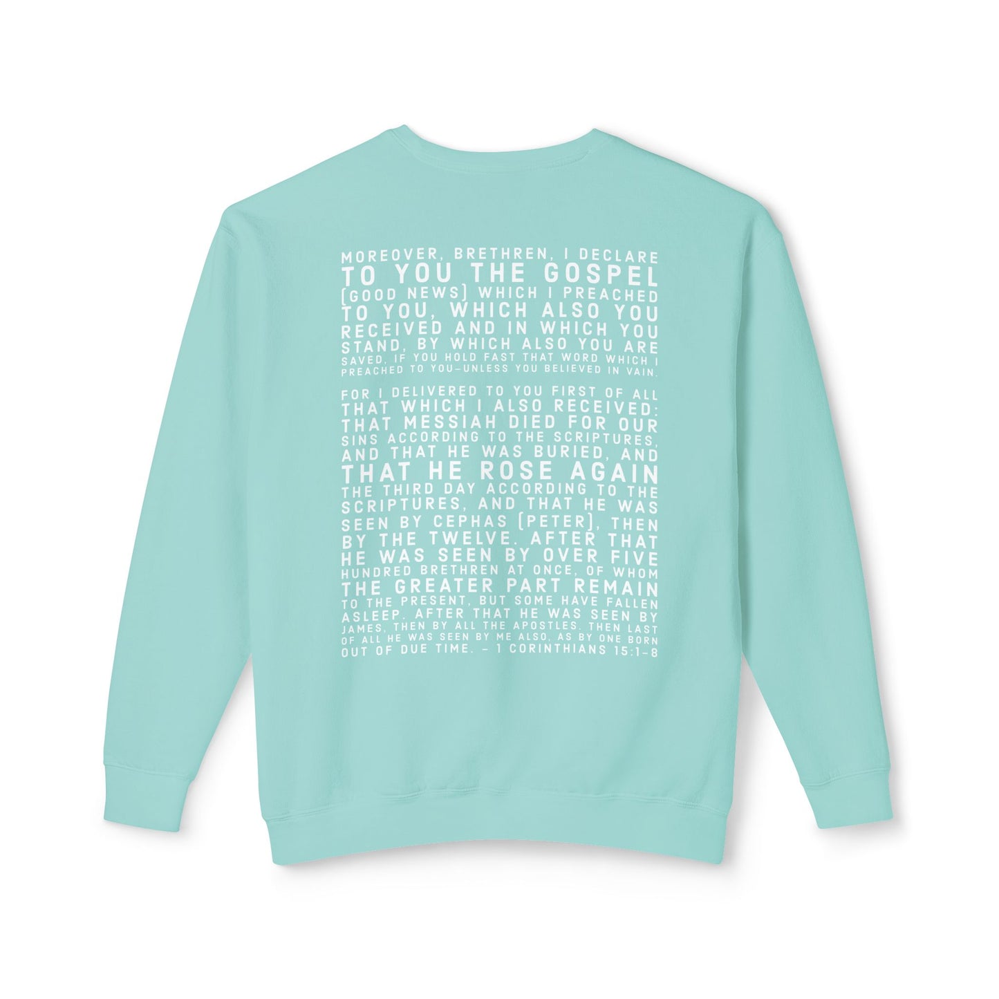 'I declare to you the gospel' - Back Text, Light Lettered Edition - (10 Color Options) - Adult Unisex Lightweight Crewneck Sweatshirt