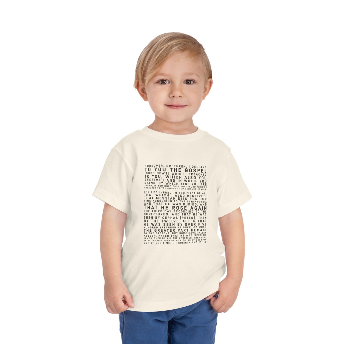 'I declare to you the gospel' - Front Text, Dark-Lettered Edition - (9 Color Options) - Toddler Short Sleeve Tee