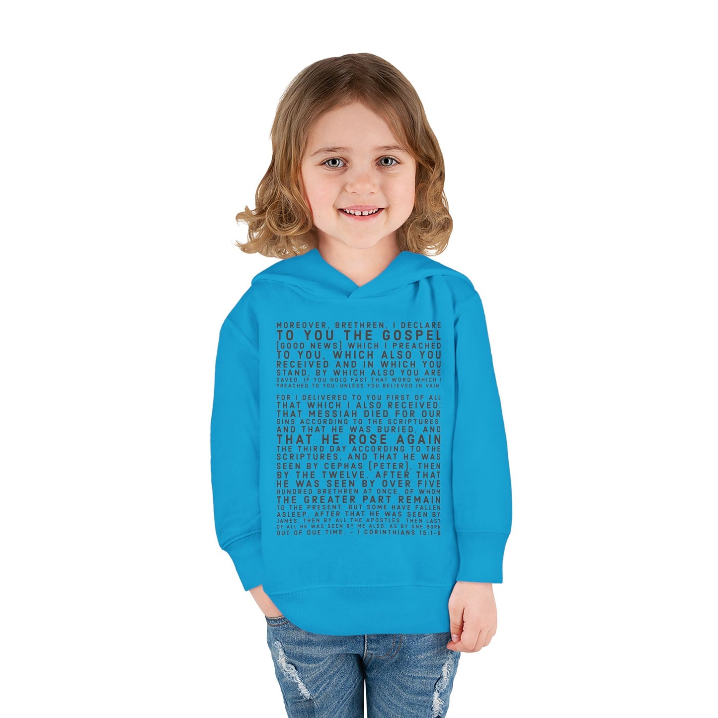 'I declare to you the gospel' - Front Text, Dark Lettered Edition - (7 Color Options) - Toddler Pullover Fleece Hoodie