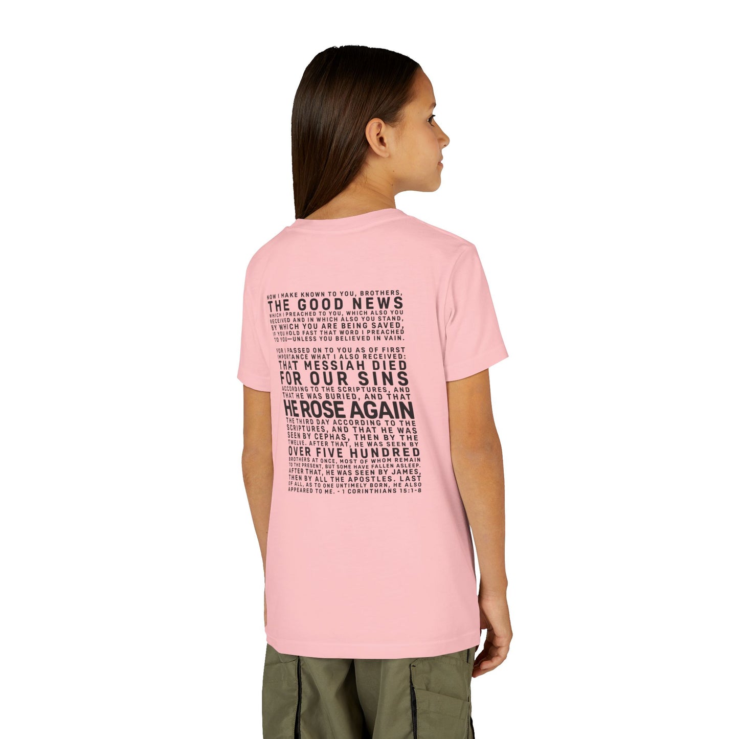 The Gospel - Youth Short Sleeve Tee - Back Text, Dark-Lettered Edition - (17 Colors)