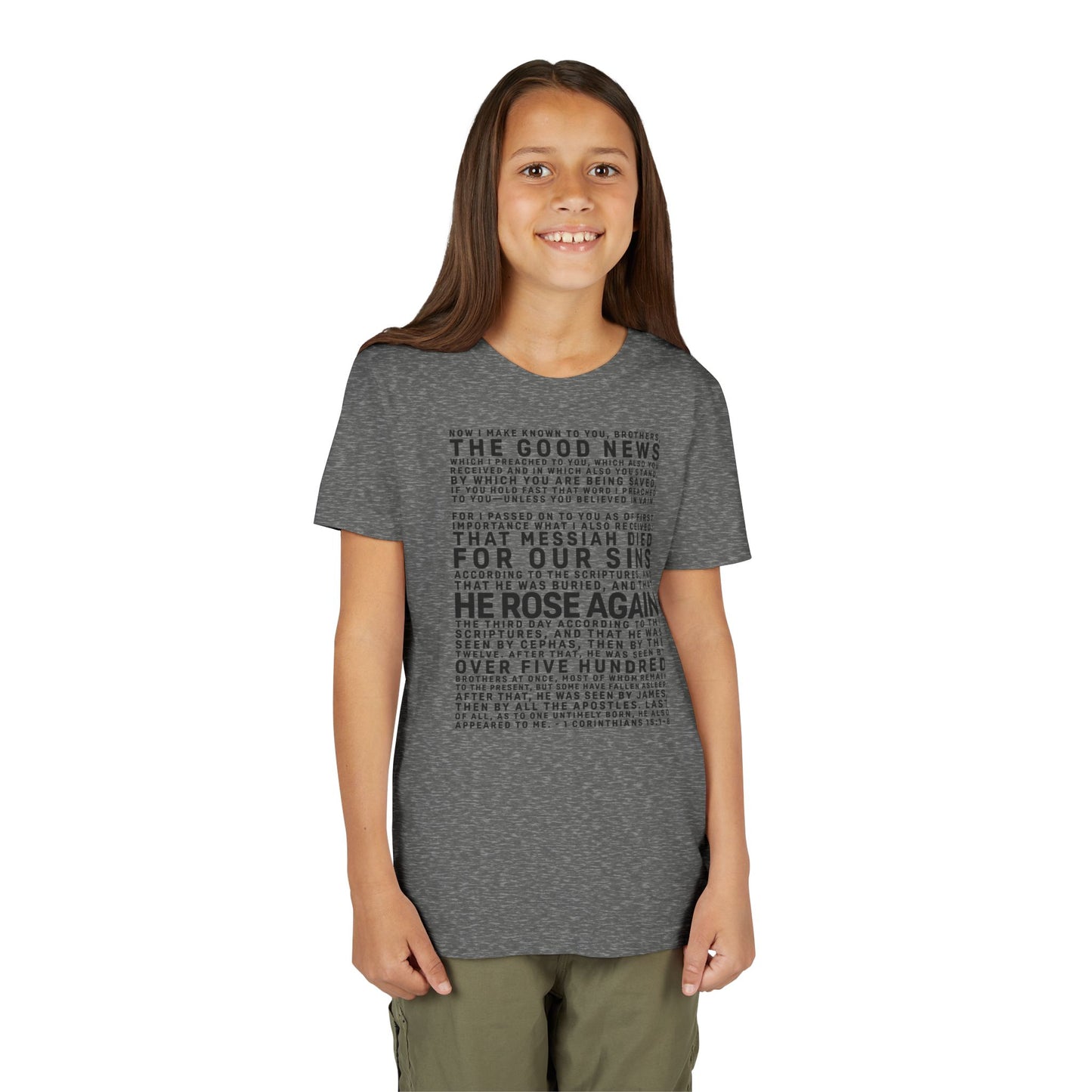 The Gospel - Youth Short Sleeve Tee - Front Text, Dark-Lettered Edition - (17 Colors)