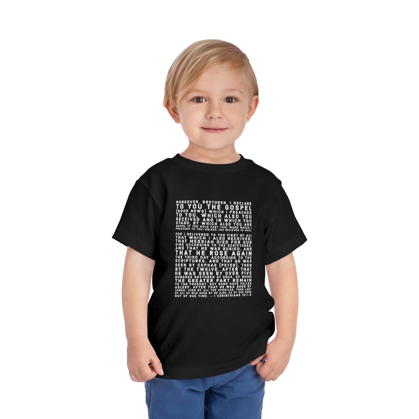 'I declare to you the gospel' - Front Text, Light-Lettered Edition - (9 Color Options) - Toddler Short Sleeve Tee