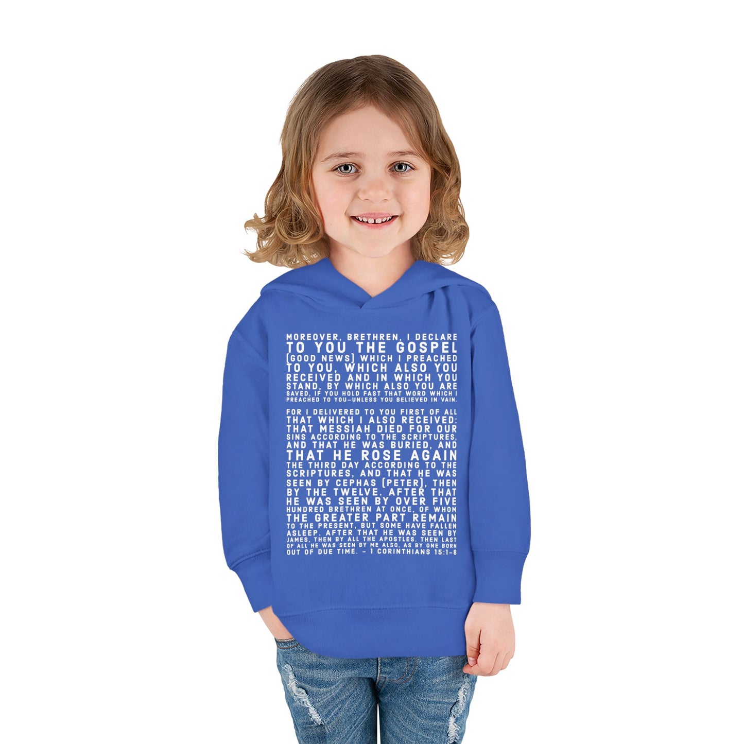 'I declare to you the gospel' - Front Text, Light Lettered Edition - (15 Color Options) - Toddler Pullover Fleece Hoodie