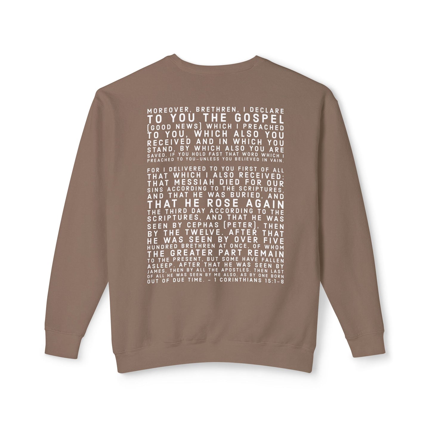 'I declare to you the gospel' - Back Text, Light Lettered Edition - (10 Color Options) - Adult Unisex Lightweight Crewneck Sweatshirt