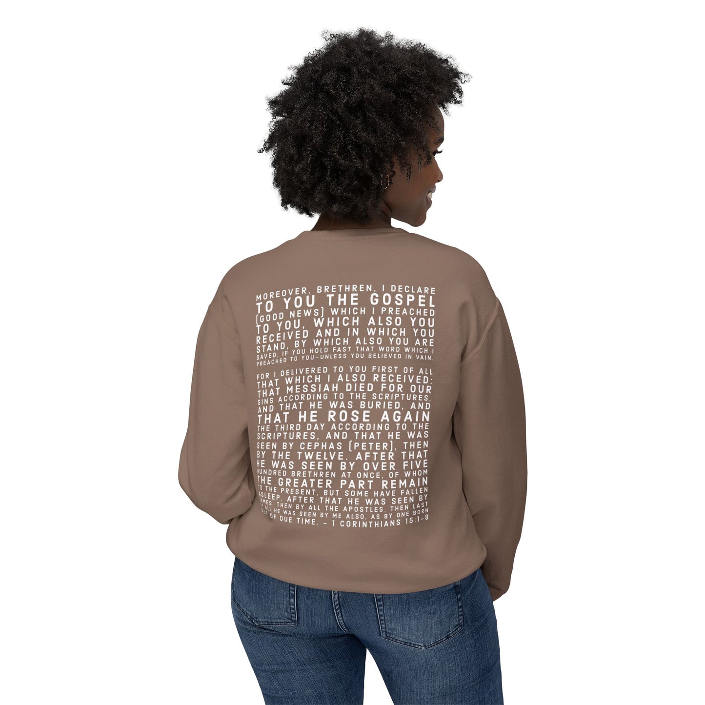 'I declare to you the gospel' - Back Text, Light Lettered Edition - (10 Color Options) - Adult Unisex Lightweight Crewneck Sweatshirt
