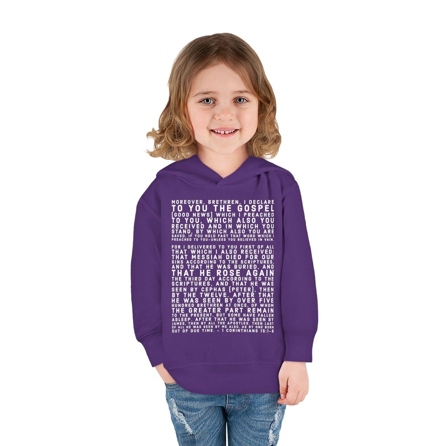 'I declare to you the gospel' - Front Text, Light Lettered Edition - (15 Color Options) - Toddler Pullover Fleece Hoodie
