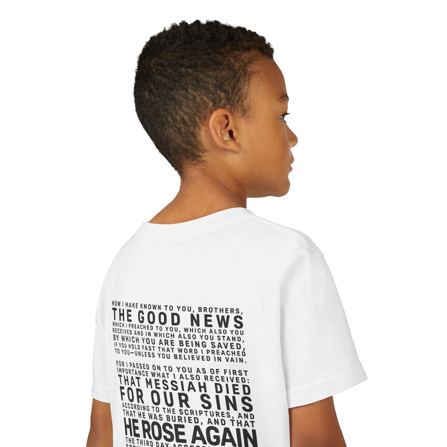 The Gospel - Youth Short Sleeve Tee - Back Text, Dark-Lettered Edition - (17 Colors)