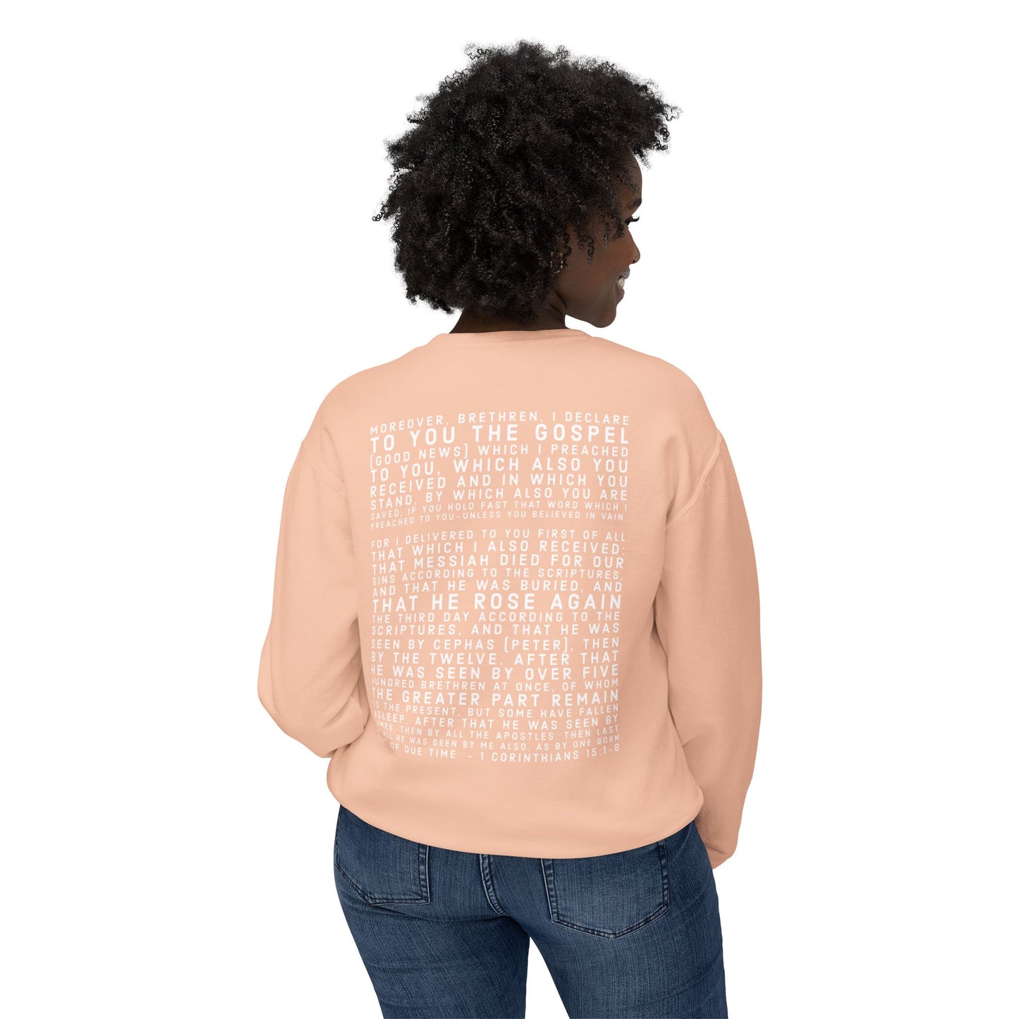 'I declare to you the gospel' - Back Text, Light Lettered Edition - (10 Color Options) - Adult Unisex Lightweight Crewneck Sweatshirt