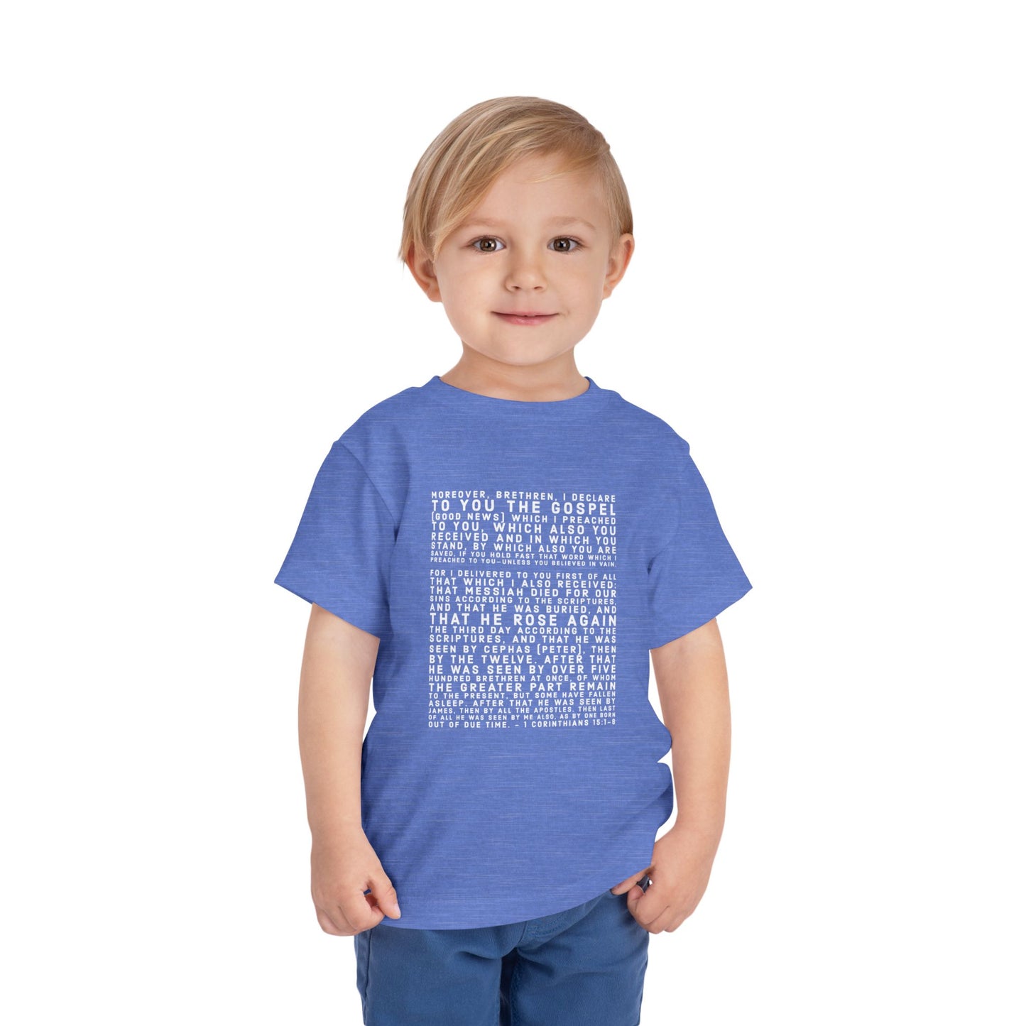'I declare to you the gospel' - Front Text, Light-Lettered Edition - (9 Color Options) - Toddler Short Sleeve Tee