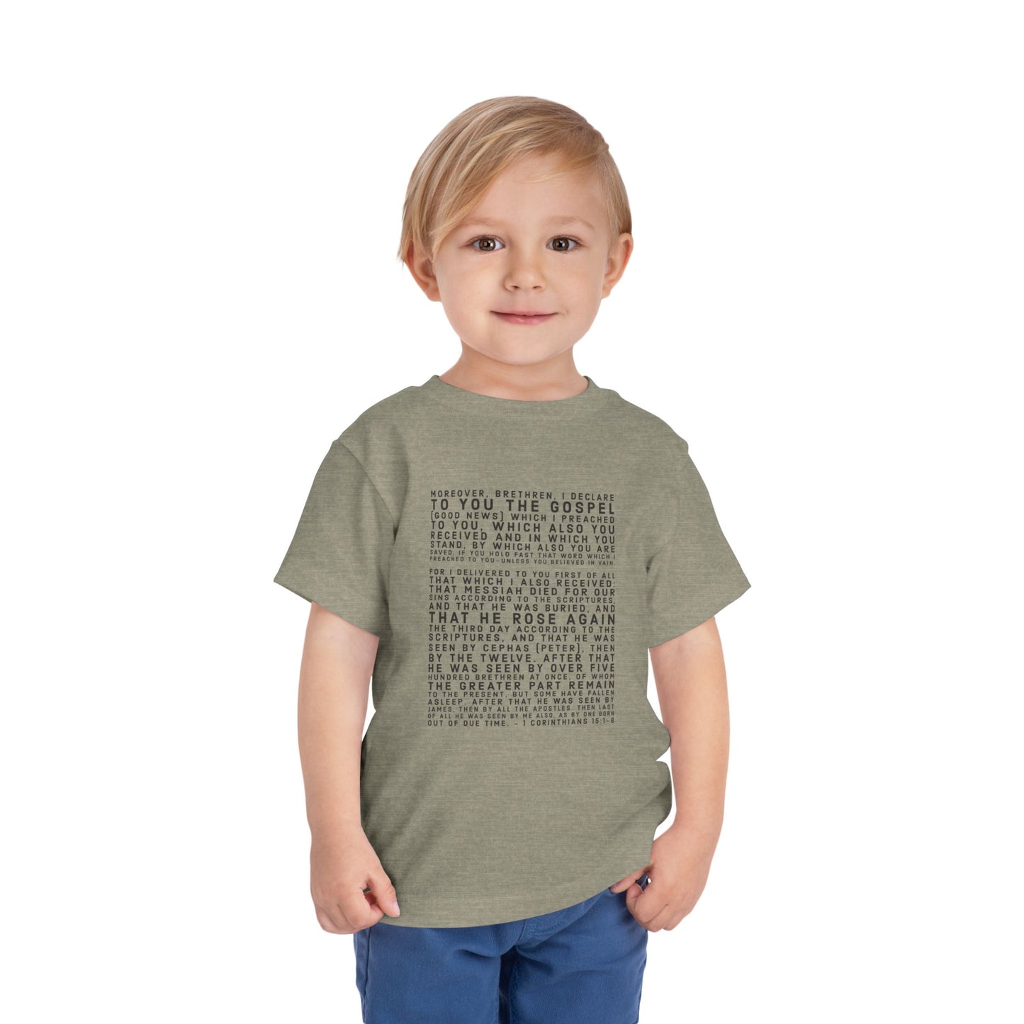 'I declare to you the gospel' - Front Text, Dark-Lettered Edition - (9 Color Options) - Toddler Short Sleeve Tee